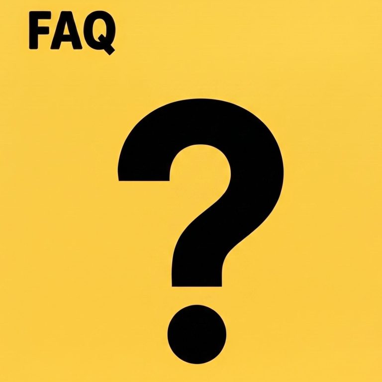 Häufige Fragen (FAQ) Grafik für FAQ: Gelber Hintergrund mit der Aufschrift FAQ oben links und einem großen schwarzen Fragezeichen in der Mitte