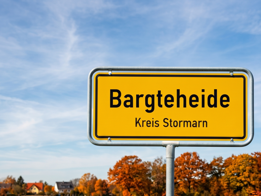 Gelbes Ortsschild von Ahrensburg (Kreis Stormarn) für die Ankündigung der Improtheater-Show von Spontanika.