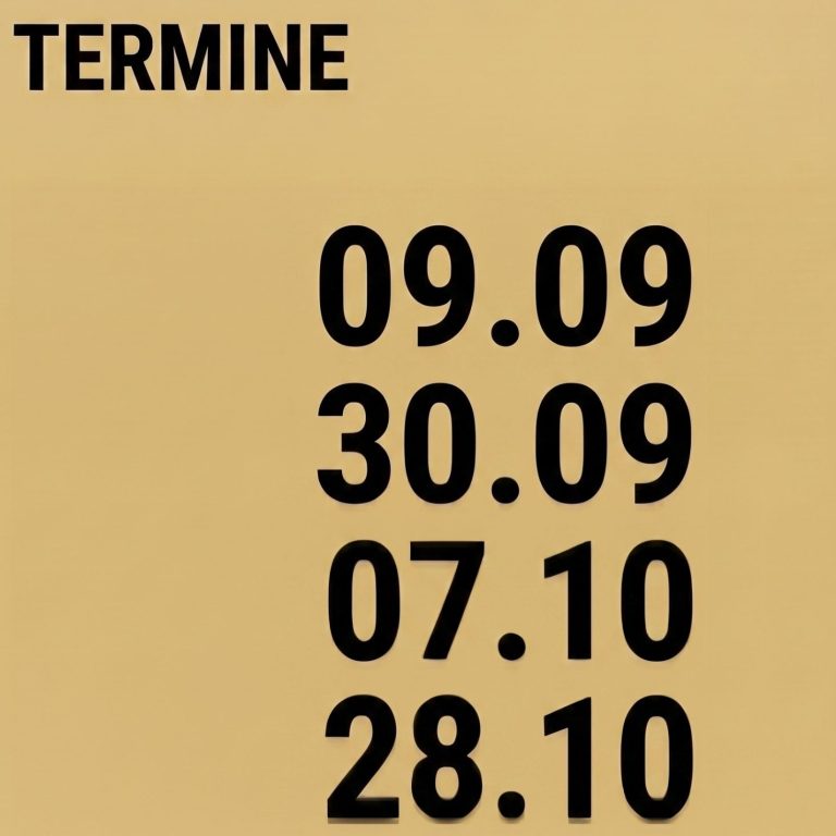 Termine Grafik für Termine: Gelber Hintergrund mit der Überschrift TERMINE und einer Liste von Daten: 09.09, 30.09, 07.10 und 28.10