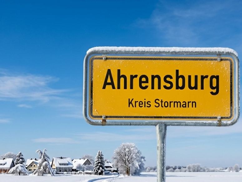 Gelbes Ortsschild von Ahrensburg (Kreis Stormarn) für die Ankündigung der Improtheater-Show von Spontanika.