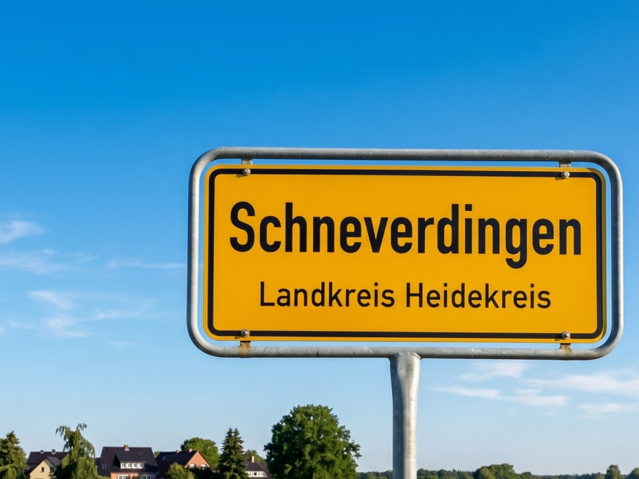 Gelbes Ortsschild von Schneverdingen für die Ankündigung der Improtheater-Show von Spontanika
