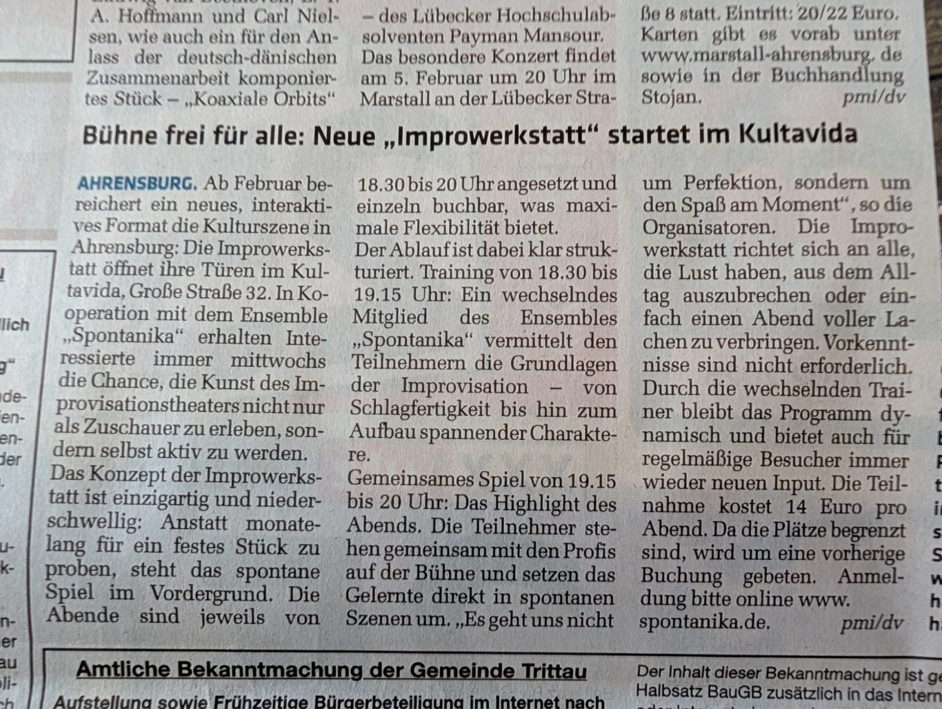 Zeitungsartikel – Improwerkstatt im Kultavida (Spontanika) Zeitungsartikel mit der Überschrift „Bühne frei für alle: Neue Improwerkstatt startet im Kultavida“ über das Improtheater Spontanika 30.01