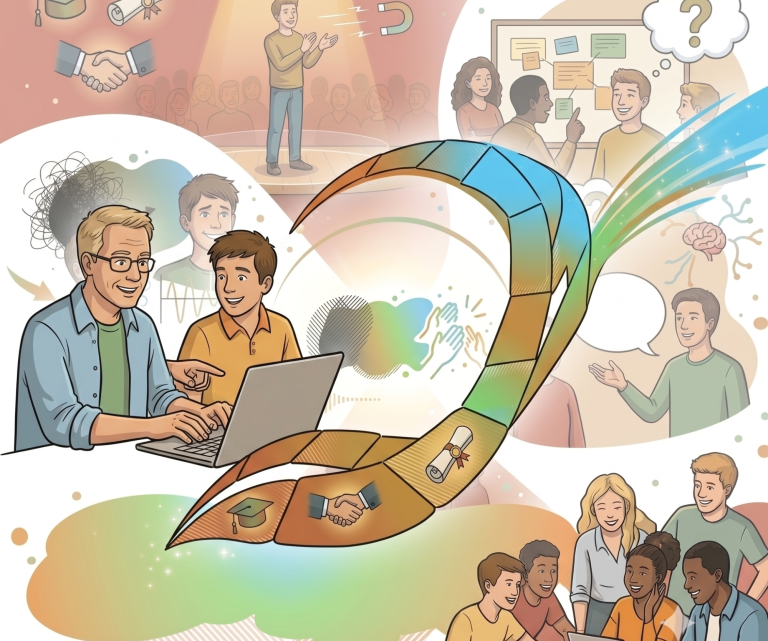 Spontanika Zukunftswerkstatt: Illustration eines Lernprozesses, der von der Konzentration zum erfolgreichen Abschluss führt.