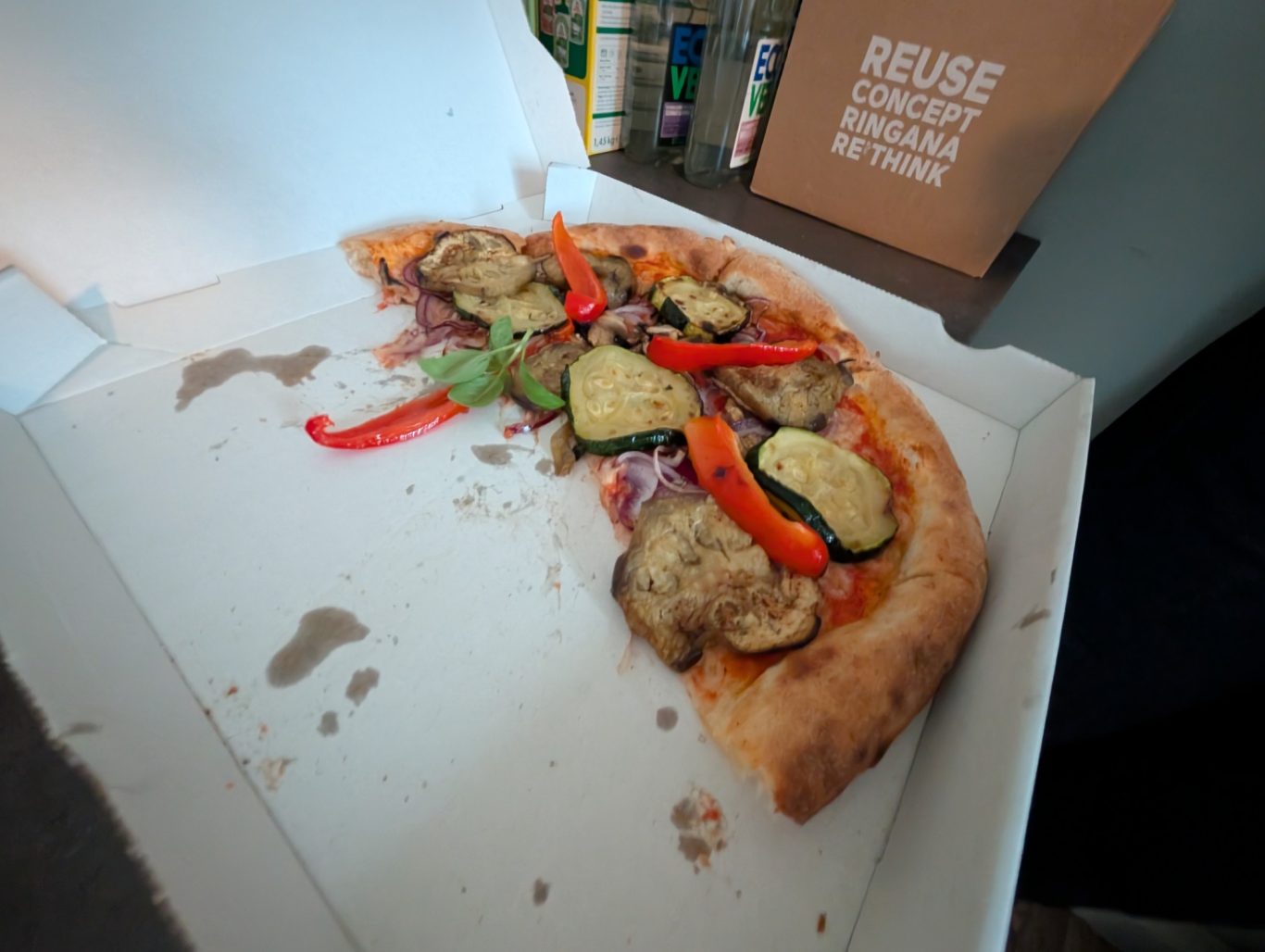 Stärkung hinter den Kulissen | Spontanika in Stormarn Ein Pizzakarton mit verbleibenden Stücken Pizza hinter den Kulissen vor dem Auftritt.
