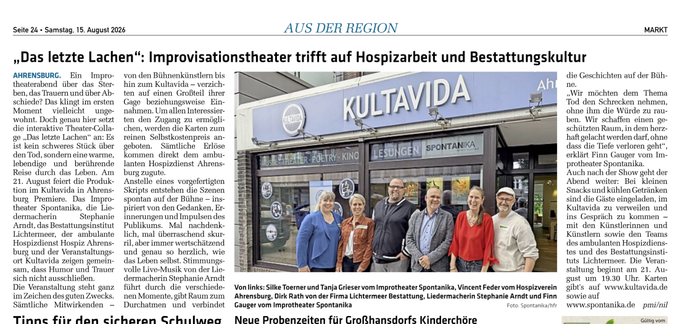 Das letzte Lachen – Spontanika Improtheater Kultavida Hospizverein Markt Zeitungsartikel: Das letzte Lachen – Improtheater trifft Hospizbeitrag im Kultavida.