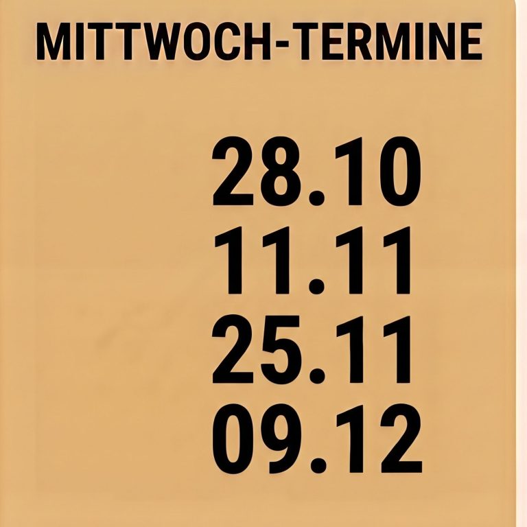 Die Mittwochstermine Grafik für Termine: Gelber Hintergrund mit der Überschrift TERMINE und einer Liste von Daten: 09.09, 30.09, 07.10 und 28.10