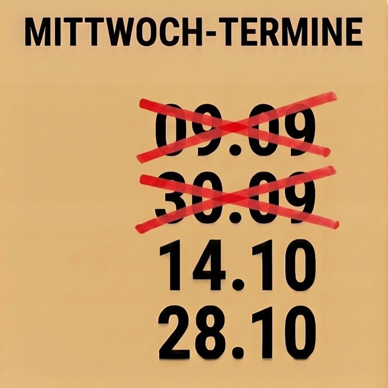 Grafik für Termine: Gelber Hintergrund mit der Überschrift TERMINE und einer Liste von Daten: 09.09, 30.09, 07.10 und 28.10