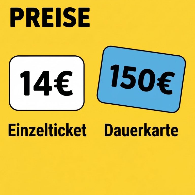 Preise Grafik für Preise: Gelber Hintergrund mit Überschrift PREISE sowie Abbildungen von 14 € für Einzelticket und 150 € für Dauerkarte