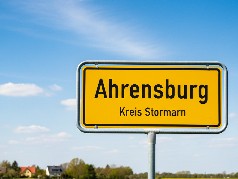 Gelbes Ortsschild von Ahrensburg (Kreis Stormarn) für die Ankündigung der Improtheater-Show von Spontanika.