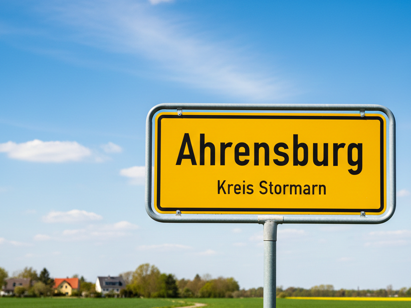 Gelbes Ortsschild von Ahrensburg (Kreis Stormarn) für die Ankündigung der Improtheater-Show von Spontanika.